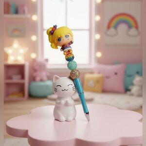 Teal Beaded pen Top Decorative rainbow girl Ballpoint Pen handmade